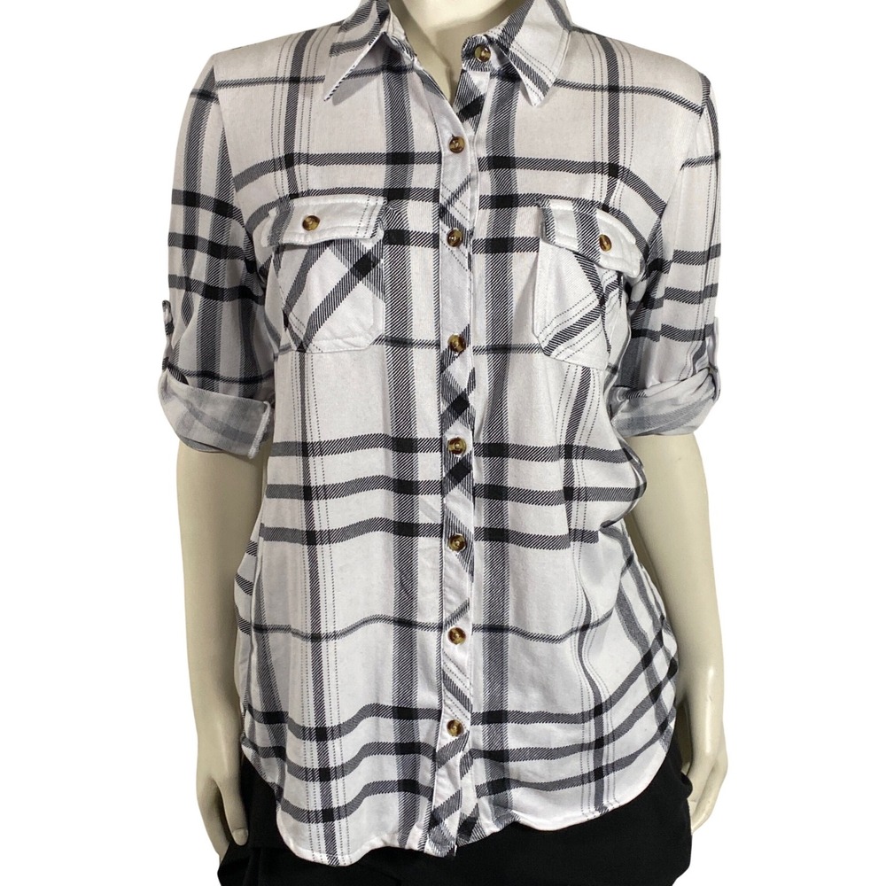 Eden & Olivia S Plaid Button Down Shirt Black White Soft Stretch Jersey Comfy